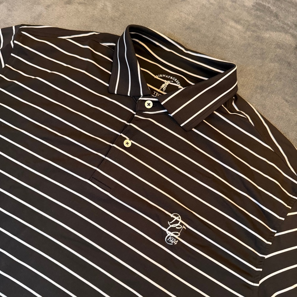 Fairway & Greene Tech Polo‎ Shirt Mens Large Black Striped Short Sleeve Golf